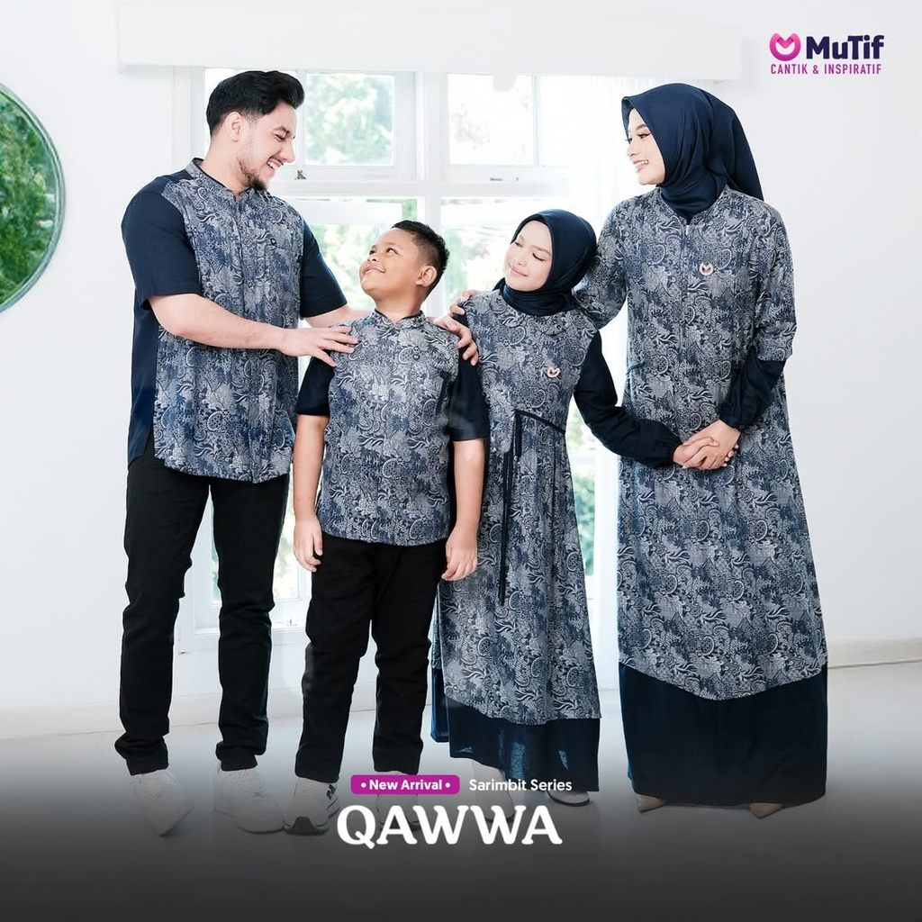 Mutif Sarimbit 2026 Qawwa Aryudha Blue Saphire Gamis Koko Lengan Pendek Motif Poly Rayon Jacquard