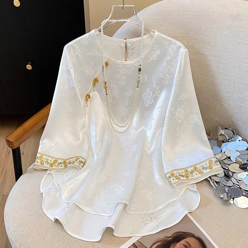 Cina angin bordir kaos wanita trendi satin jacquard top kaos