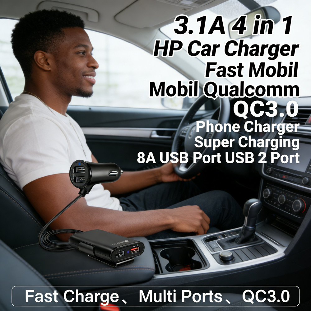 HP 4 Port USB Charger Car 2 Port Super Fast HP Mobil 3.1A 3.1A Fast Phone 8A Charger 4 in 1 Qualcomm