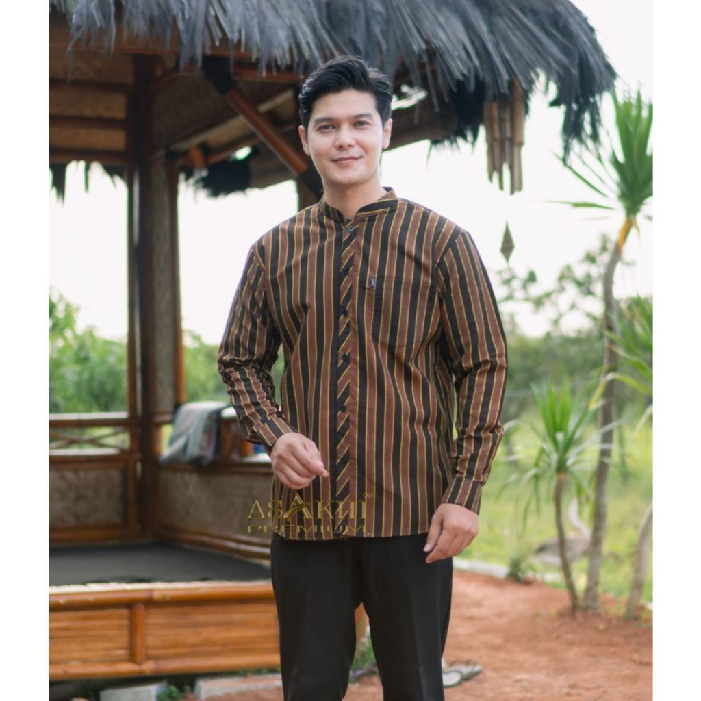Asakhi Baju Koko Pria Lengan Panjang Motif Lurik Kombinasi Warna