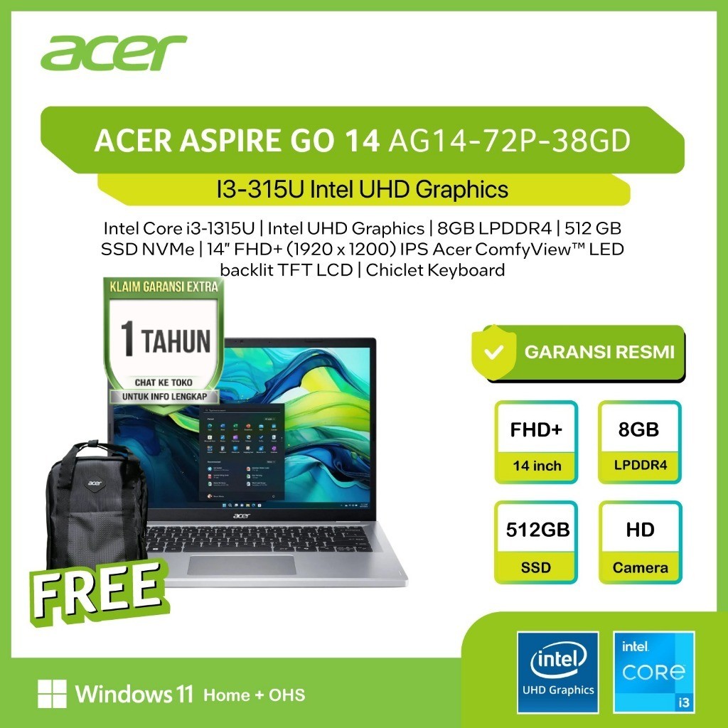 ACER ASPIRE GO 14 AG14 I3 1315 8GB 512GB W11+OHS+M365B 14.0WUXGA IPS SLV -72P.38GD 3161 33A7 38G2