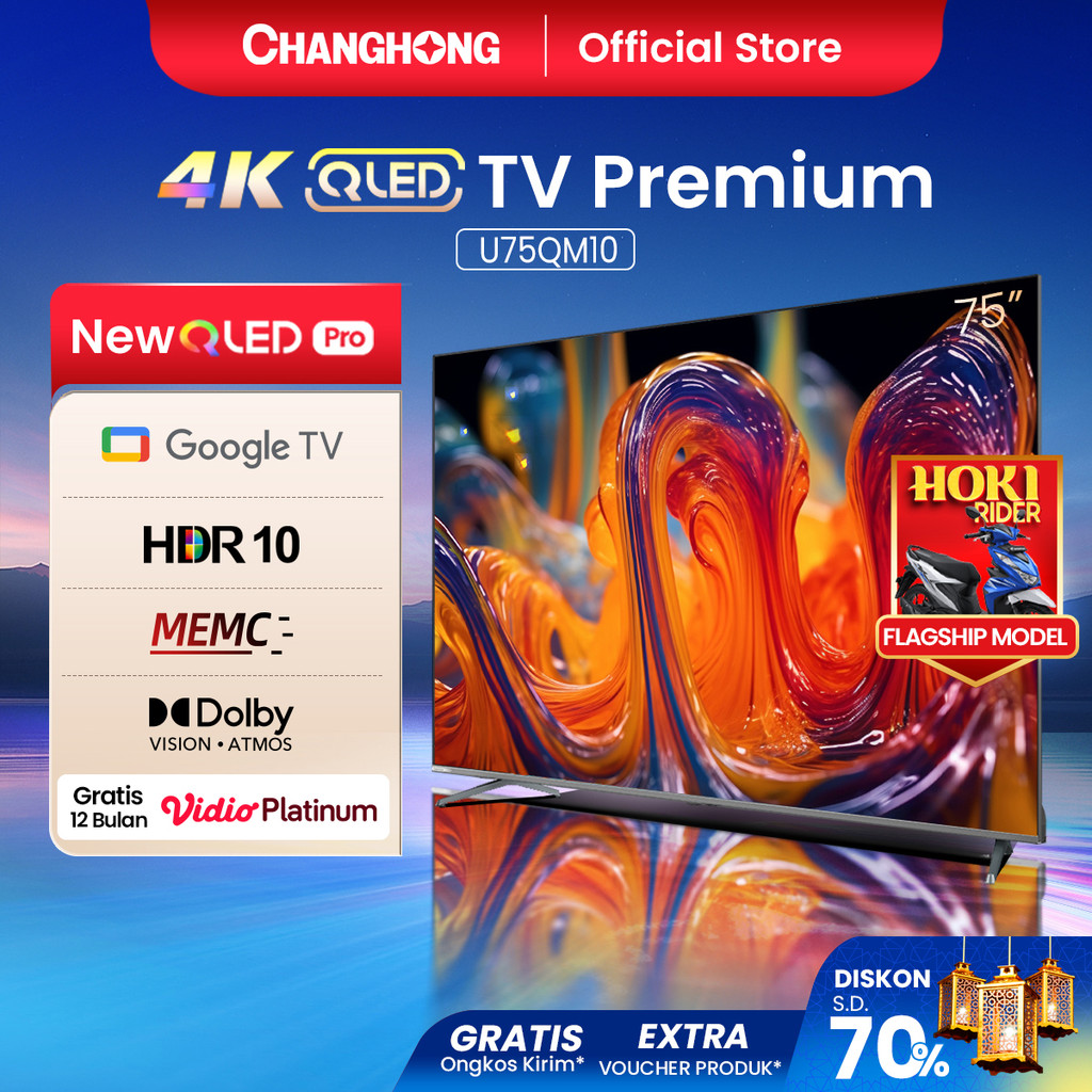 Changhong QLED TV 4K 75 inch Google Smart QLED PRO Digital TV Dolby Audio DBX-TV Google Play Netflix