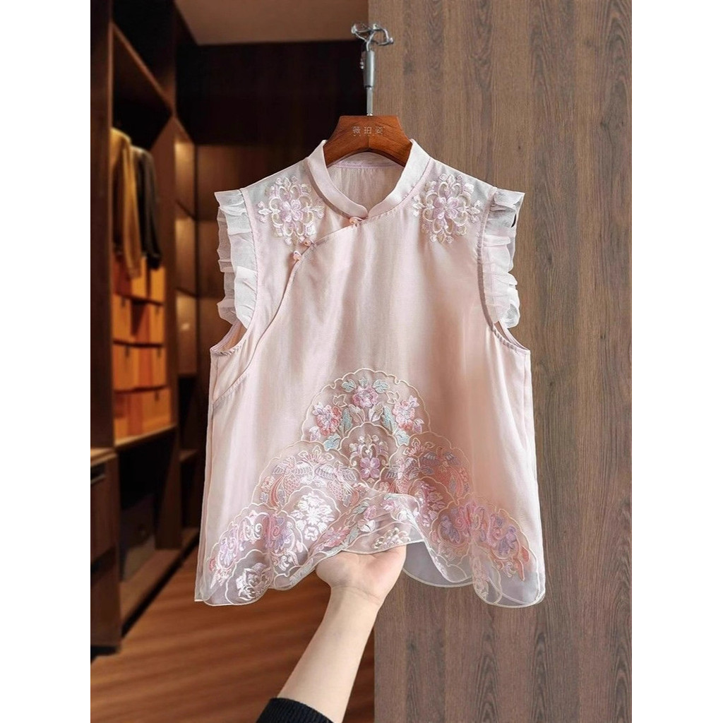 Organza sutra imitasi kelas atas dengan bordir rumit, rompi wanita bergaya Cina baru dengan tepi ber