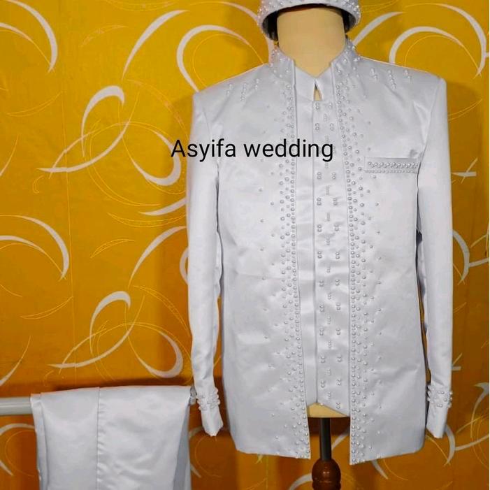 HOT PRODUK Asyifa jas pengantin / jas akad full mutiara 1 set - putih, M Terlaris