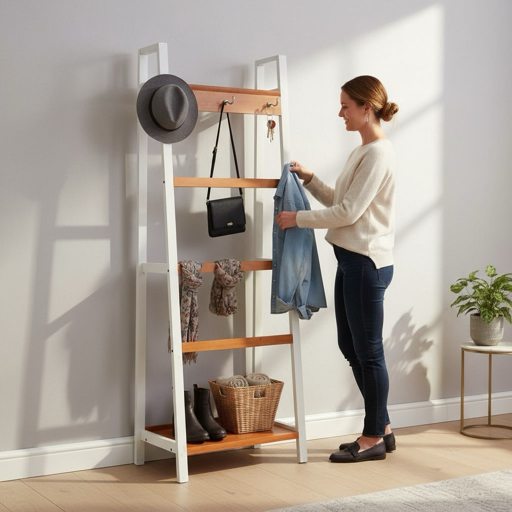 Rak Mukena Sajadah Peci Minimalis Kayu – Rak Serbaguna Model Tangga Modern untuk Mushola & Kamar