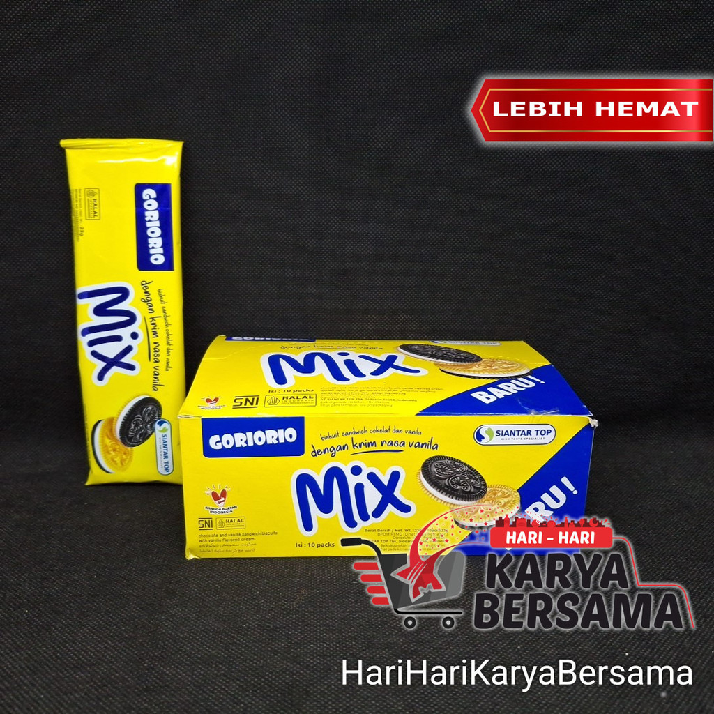 MAKANAN RINGAN BISKUIT SANDWICH GORIORIO MIX KRIM RASA VANILA PER BOX ISI 10'S X 23GR
