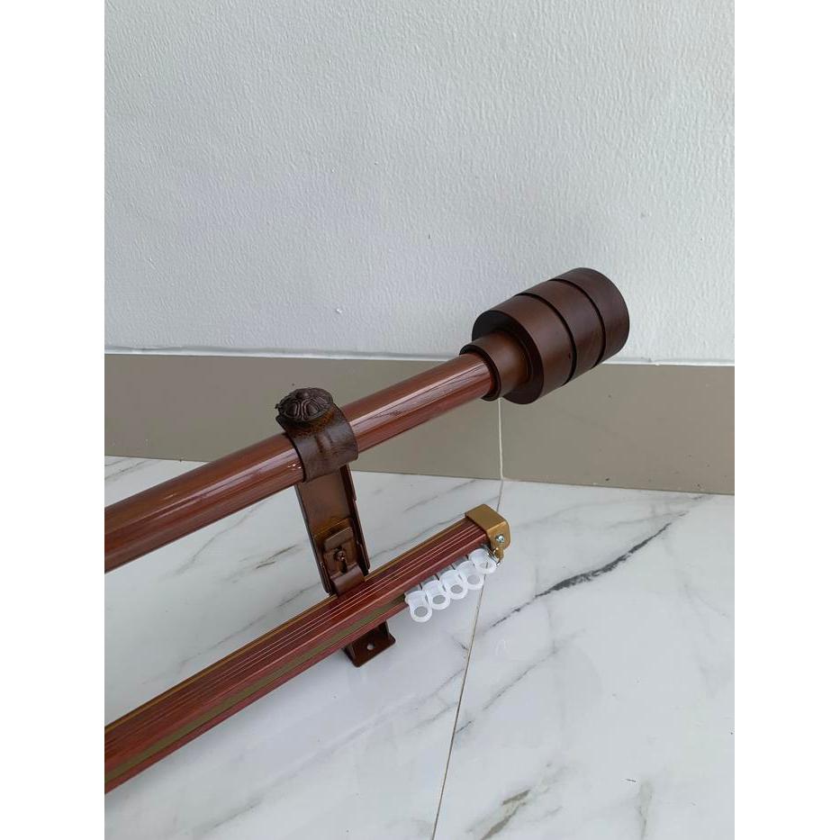 Besi Gorden Urat kayu Double Elite Fullset Batang Hordeng Ganda Rollet Gordyn Vitrase Tirai Pintu Je