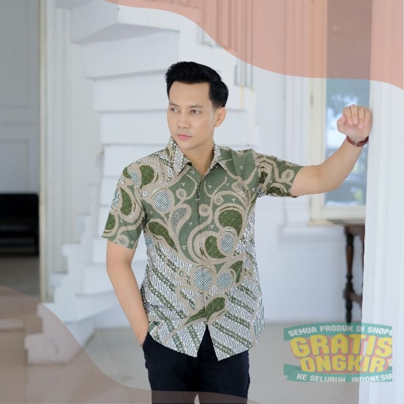 Warna Green Sage Kemeja Batik Pria Slimfit Lengan Pendek Lapis Furing Motif Gambiran Sage Baju Batik