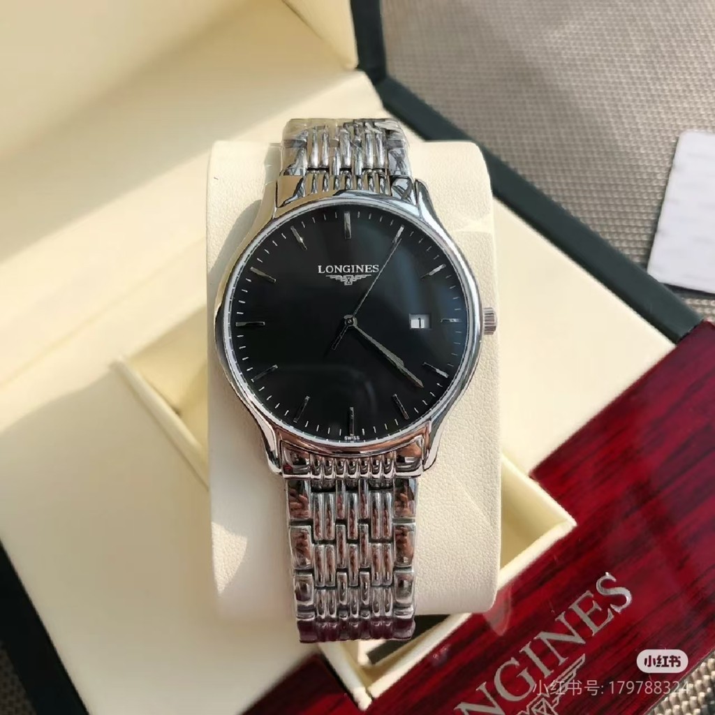 Jam tangan pria Longines L4.809.4.57.6 hitam Mekanisme kuarsa Tampilan besar Garansi Hadiah