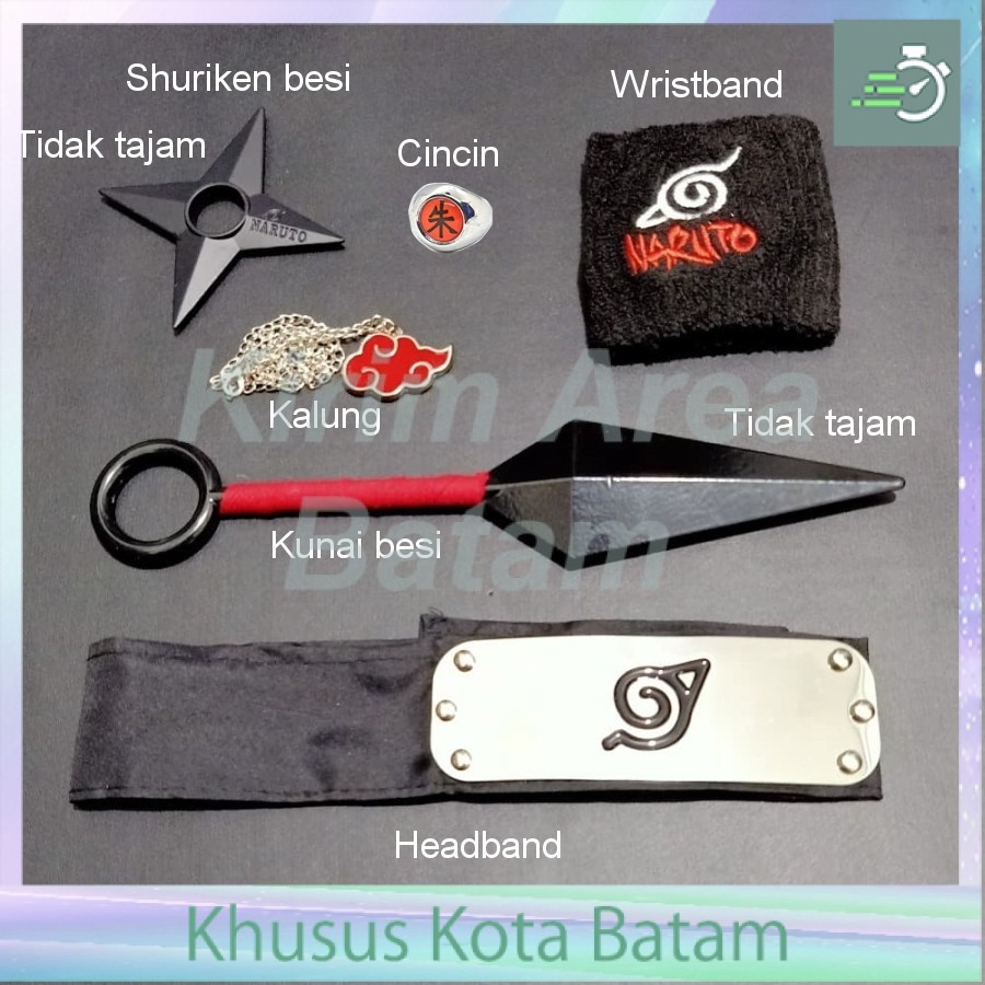 Set 6 pcs aksesoris anime naruto kunai besi shuriken headband kalung cincin
