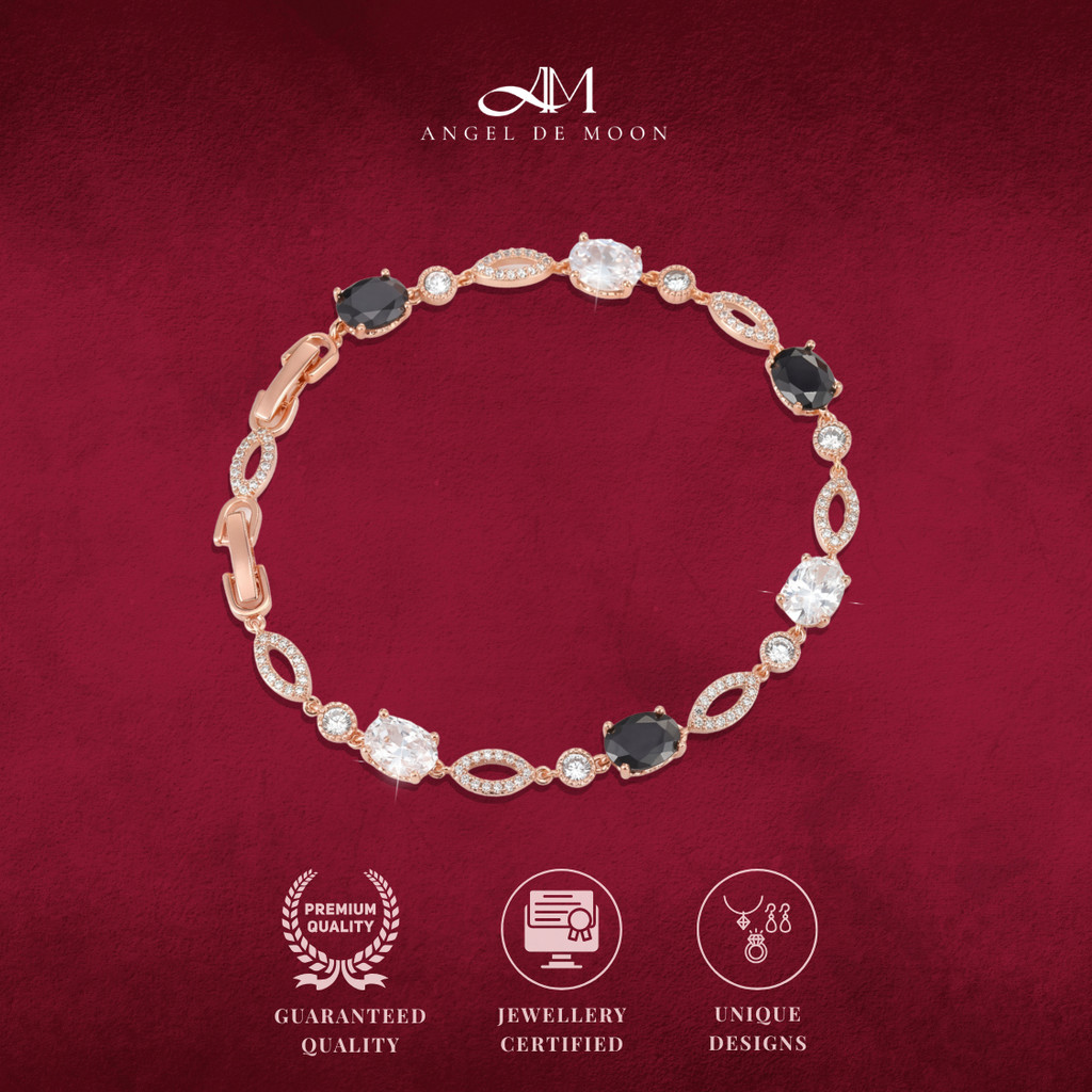Gelang Wanita Rose Gold Kristal Hitam & Bening – Gelang Rantai Elegan Perhiasan Fashion Mewah