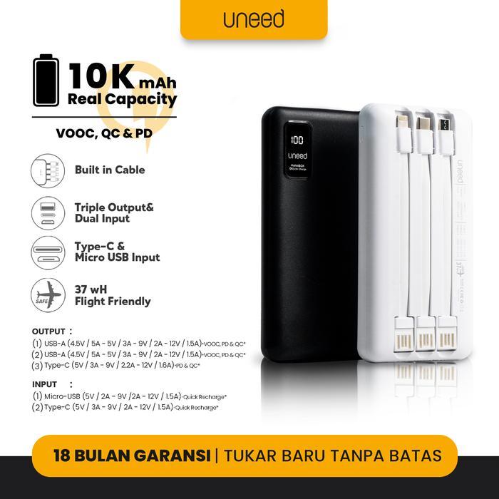 UNEED Powerbank Manabox Built in Cable 10000 20000 VOOC Quick Charge - Cable QC-PD 10K, Hitam
