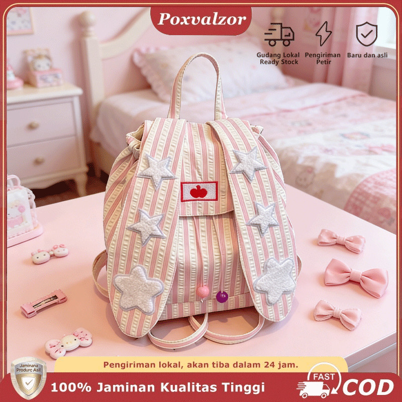 Poxvalzor Tas Sekolah Ransel Tas Kanvas Tas Ransel Sekolah Telinga Kelinci Lucu Tas Kanvas Bergaris 