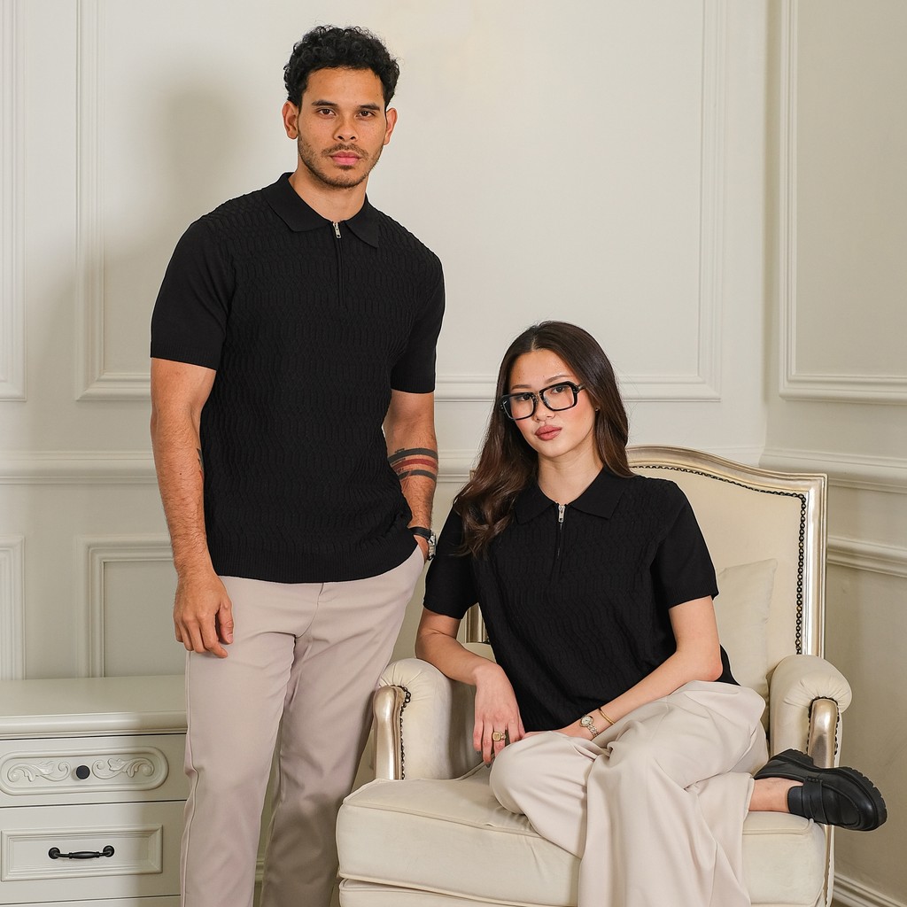 SAGI Couple - York Upper Zip Knit Polo Lengan Pendek Rajut Berkerah Pria & Wanita | Poloshirt Rajut