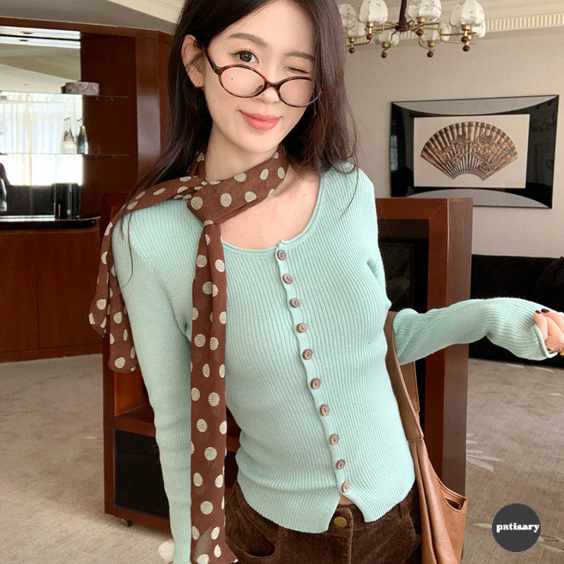 PAT_Cardigan Rajut Gaya Korea dengan Syal, Sweater Lengan Panjang Slim Fit, Atasan Musim Gugur untuk