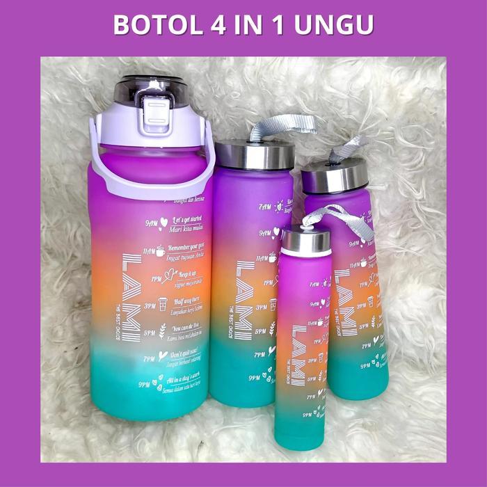 Botol Minum 2 Liter + 1000ml + 600ml + 300ml Botol Minum Viral 1 set Plastik Sedotan - UNGU