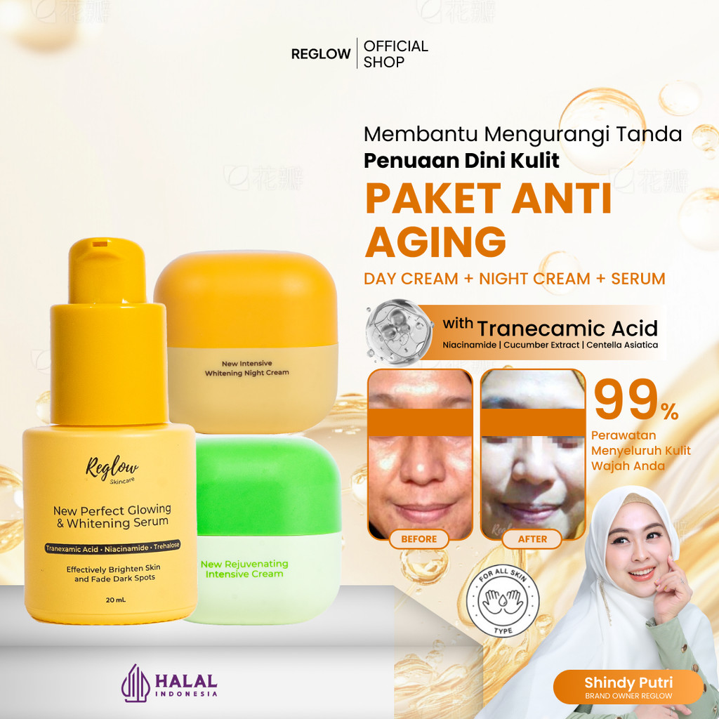 Reglow Paket Anti Aging Day + Night Cream Serta Serum Membuat Wajah Tampak Glowing Official