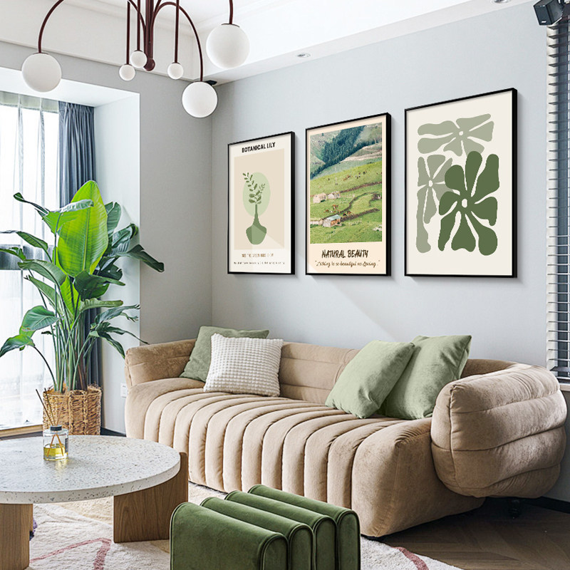 (40×60CM)3 Panel Lukisan Dinding Hijau Segar Gaya Ins: Hiasan Premium Sofa Ruang Tamu Modern Minimal