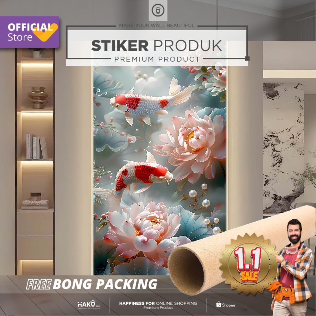 Stiker Dinding | Stiker Dinding Arch | Stiker Dinding Arch Motif Ikan Koi Bunga Teratai Lotus 3D
