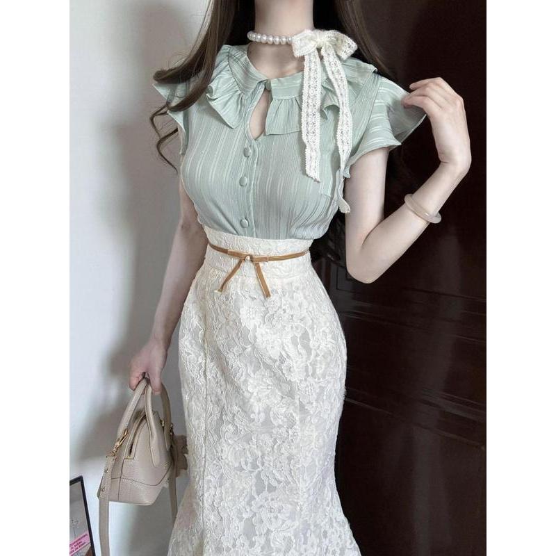 [COD]Setelan temperamen baru, jaket bergaris hijau, rok ekor ikan, wanita.