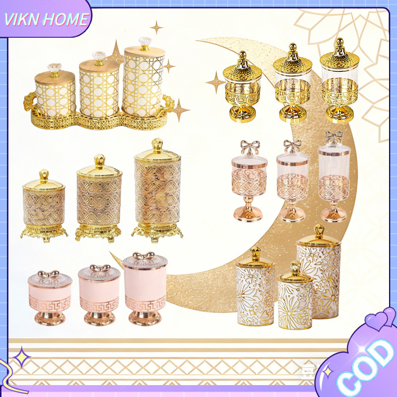 3PCS Toples Gold Mewah Toples Penyimpanan Ramadan Toples Snack Set Toples Kue Toples Set Toples Gold