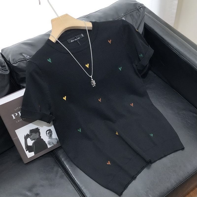 Sweater lengan pendek, kemeja rajutan pria, kemeja lengan setengah, kemeja kurus, kemeja