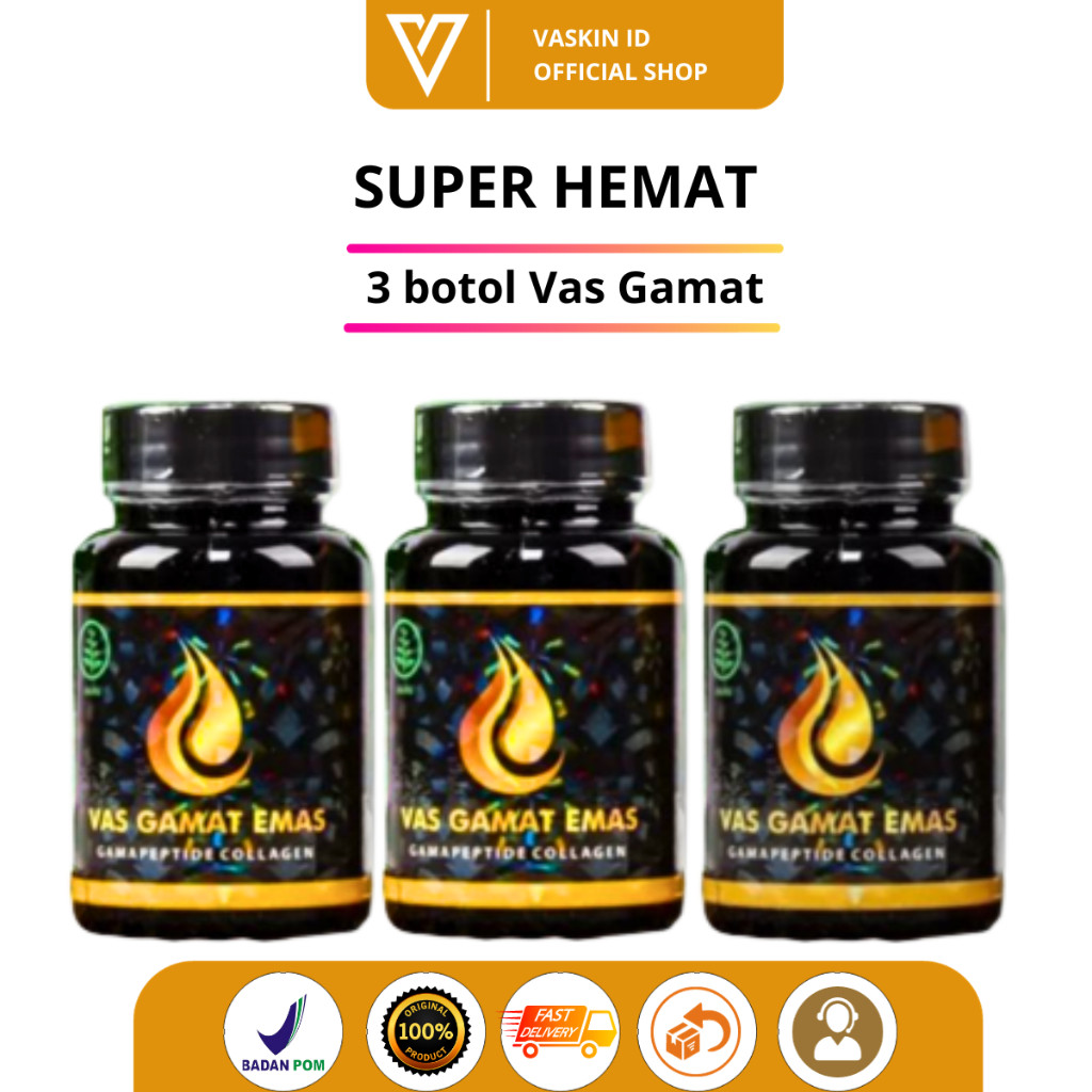 PROMO 3 BOTOL VAS GAMAT EMAS COLLAGEN ORIGINAL GLOWING PENCERAH PEMUTIH KULIT PENGHILANG FLEK HITAM