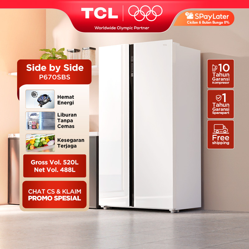 TCL Kulkas 2 Pintu Side by Side - Kapasitas 520L - Holiday Mode - Twin Eco Inverter - AAT Gen 2 Natu