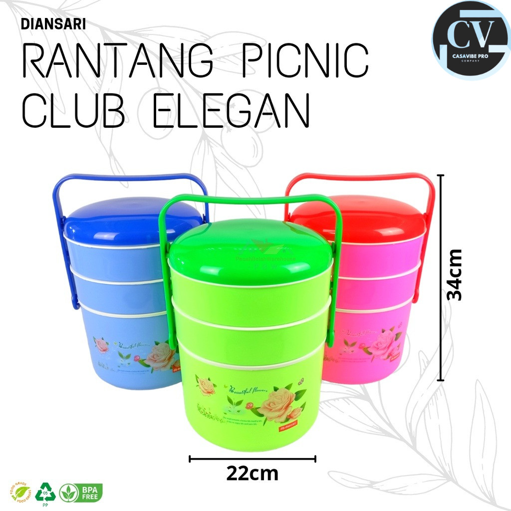 Rantang Picnic Club Elegant Diansari / Rantang Plastik Susun 3 / Tempat Penyimpanan Makanan estetik