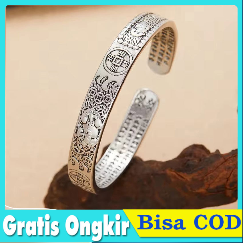 Gelang Pixiu Keberuntungan Gelang Naga Pria Silver Etnik Feng Shui Wealth Bracelet Bangle Naga Ukir 