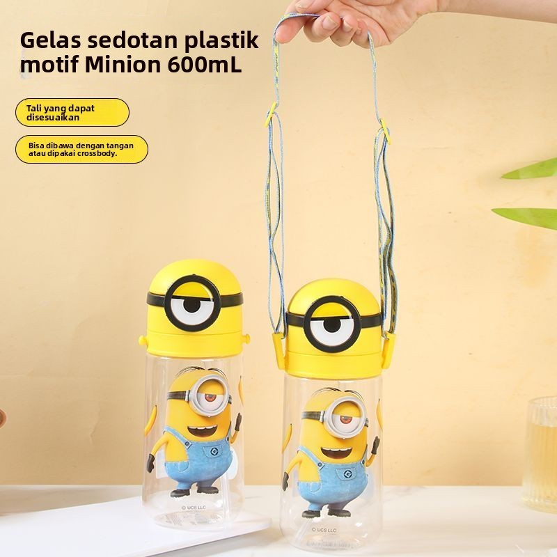 MINISO Gelas Air Miniso Seri Minion dengan Tali Gelas Plastik Sedotan Gelas Air Pelajar Lucu