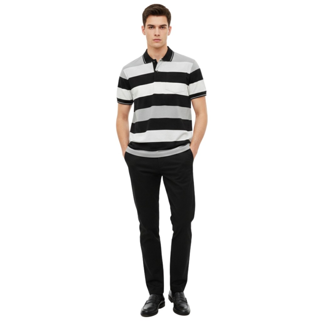 Baverre by Hassenda - Abner Kaos Polo Pria Motif Salur Garis Stripe Lengan Pendek Abu Hitam VPA81180