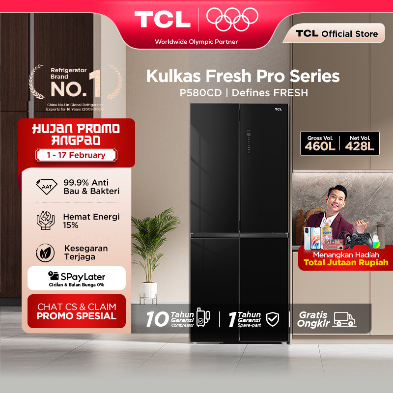 TCL Kulkas 4 Pintu - Kapasitas 460L - Bio Fresh - Wet and Dry Storage - Tanpa Bunga Es - Lemari Es -