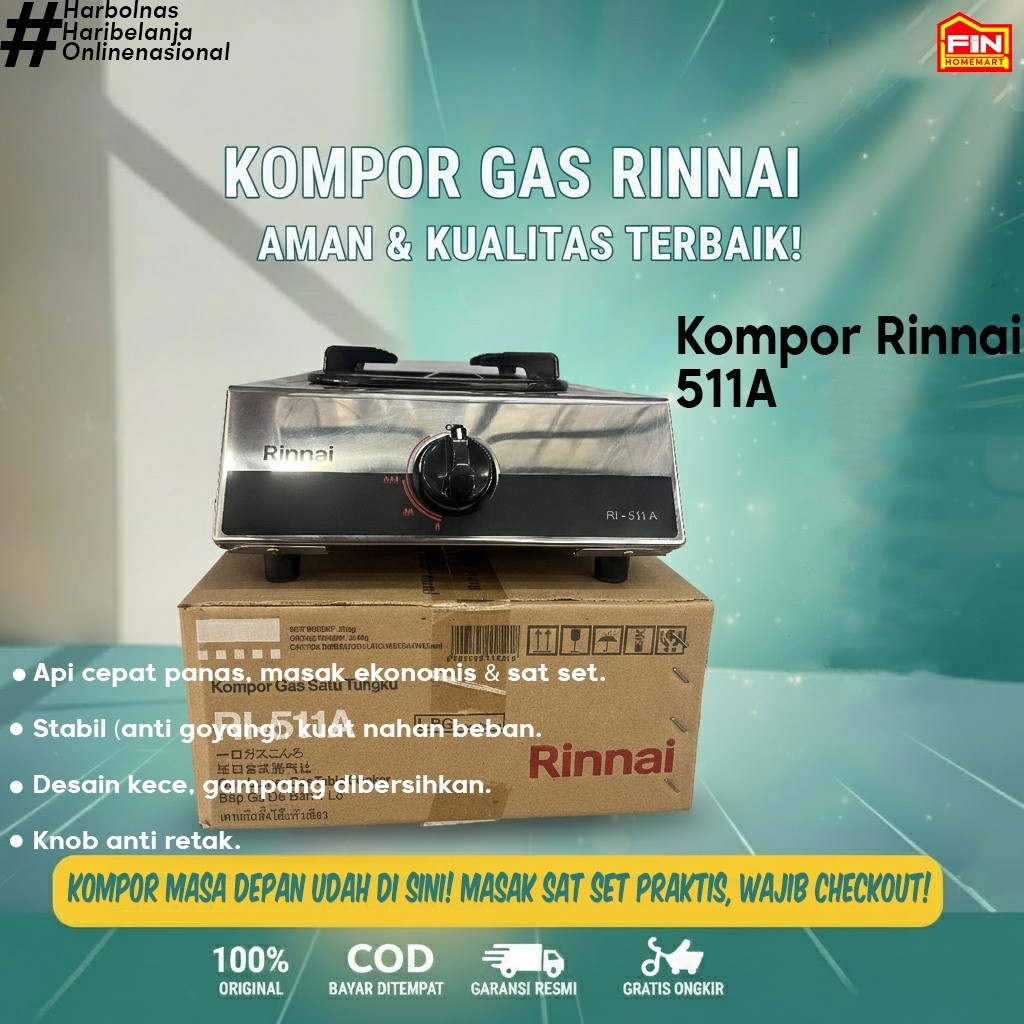 Kompor Gas Rinnai RI-511A 1 Tungku Stainless Steel - Kompor Rinnai Satu Tungku Api Besar Garansi Res