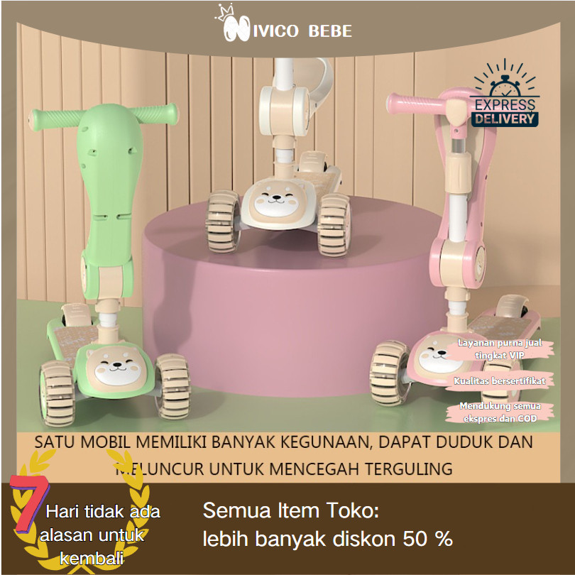 PROMONIVICO BEBE Scooter Anak Roda 3 Skuter Lipat 3 Roda dengan Tempat Duduk, Musik, Skuter aAnak In