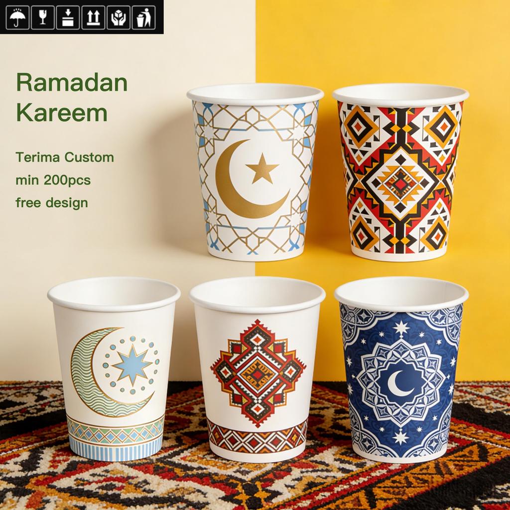 [50pcs] Paper Cup Custom Tema Ramadan | Gelas Kertas Hot Cup 8oz 12oz 16oz 22oz | Single & Double Wa
