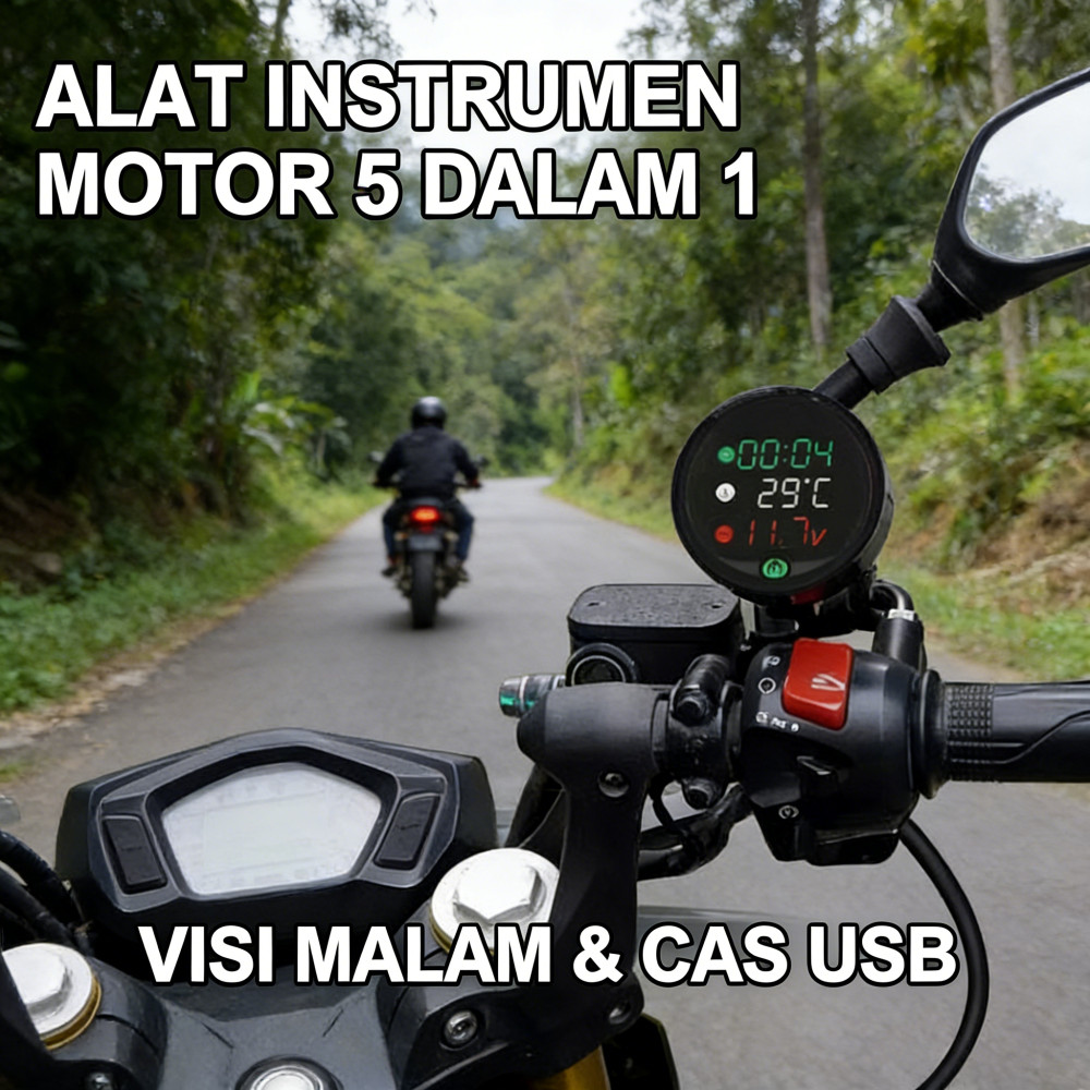 Jam Charger Motor Aki Suhu Voltmeter Instrument Night Vision 5 in 1 Sepeda / Motorcycle Device Visio