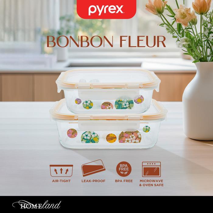 PYREX Bonbon Fleur Set Storage Kaca 2pcs / Kotak Makan & Toples Kedap Udara Microwave Safe BPA Free 