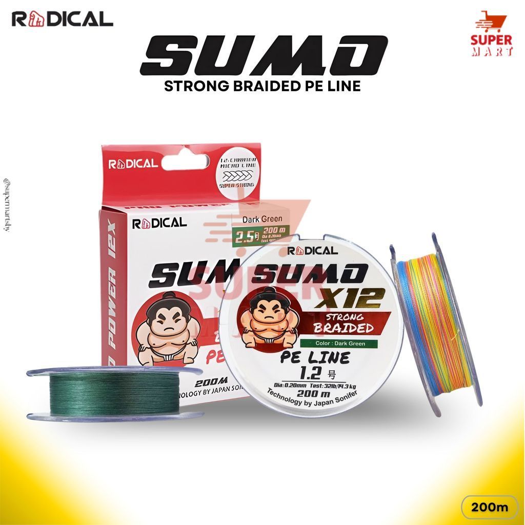 [ X12 ] Senar Pancing RADICAL PE Sumo Multicolor Dark Green Panjang 100–300M untuk Casting