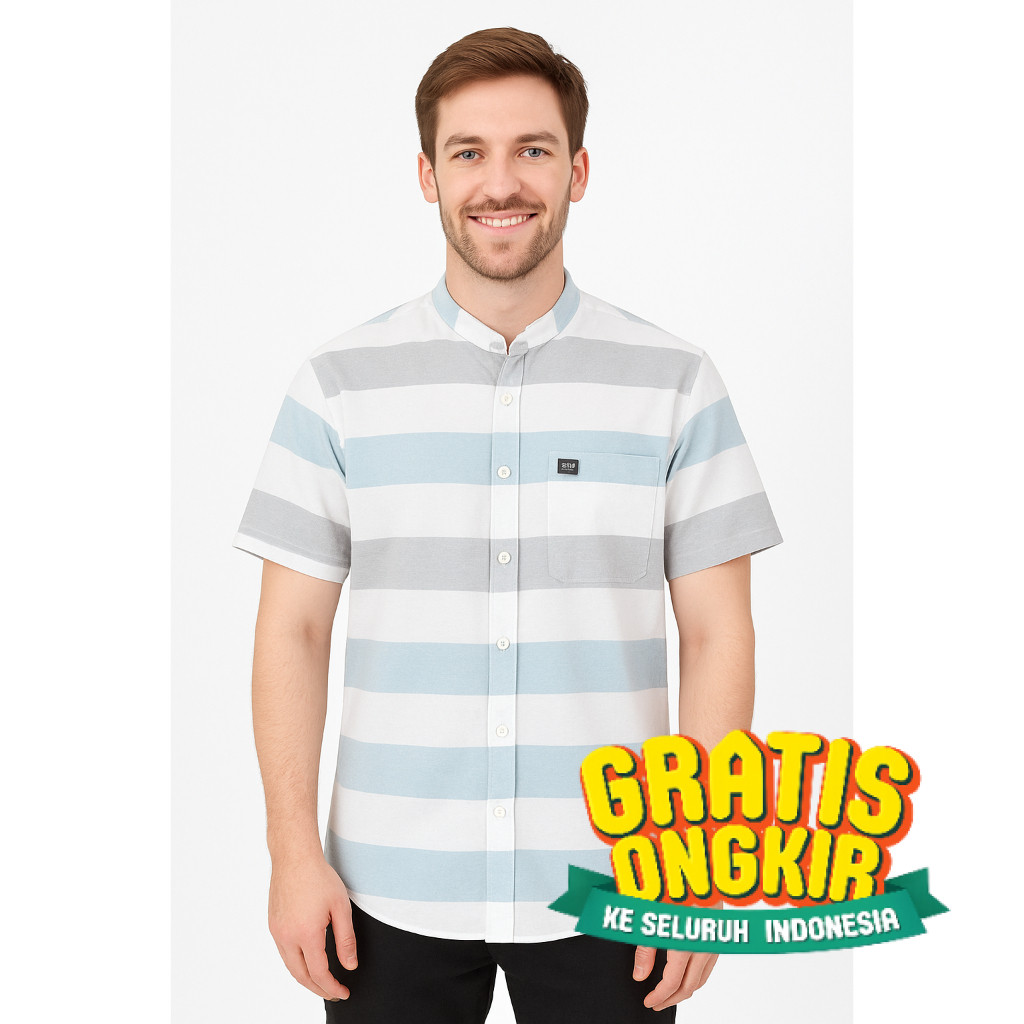 OISTHETIC Kemeja Kemko Motif Salur Pria Lengan Pendek Slimfit Garis Vertikal Baju Koko Atasan Dewasa