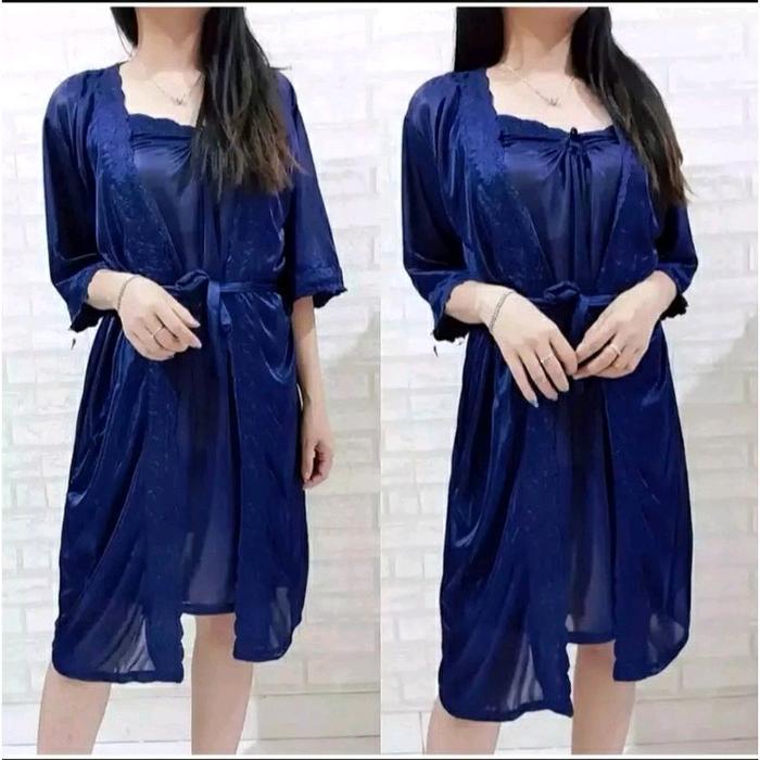 New Collection Baju tidur lingerie kimono tricot satin  Wanita Dress Polos - Tricot nevy, L