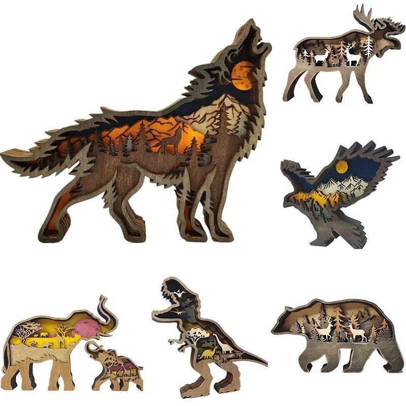 Wolf Totem Wooden Hollow Christmas Animal Creativity Desktop Home Carving Crafts Decor LED Living Ro