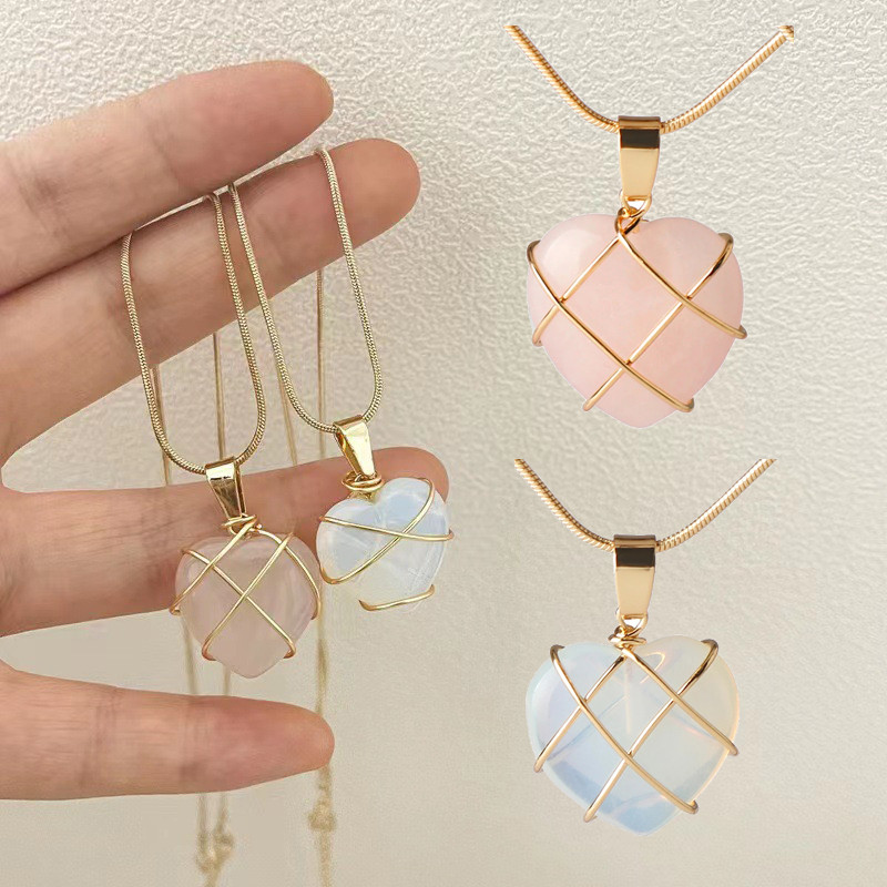 Exquisite Opal Heart Necklace Crystal Castle Necklace For Woman Girls Rose Quartz Necklace Jewelry A