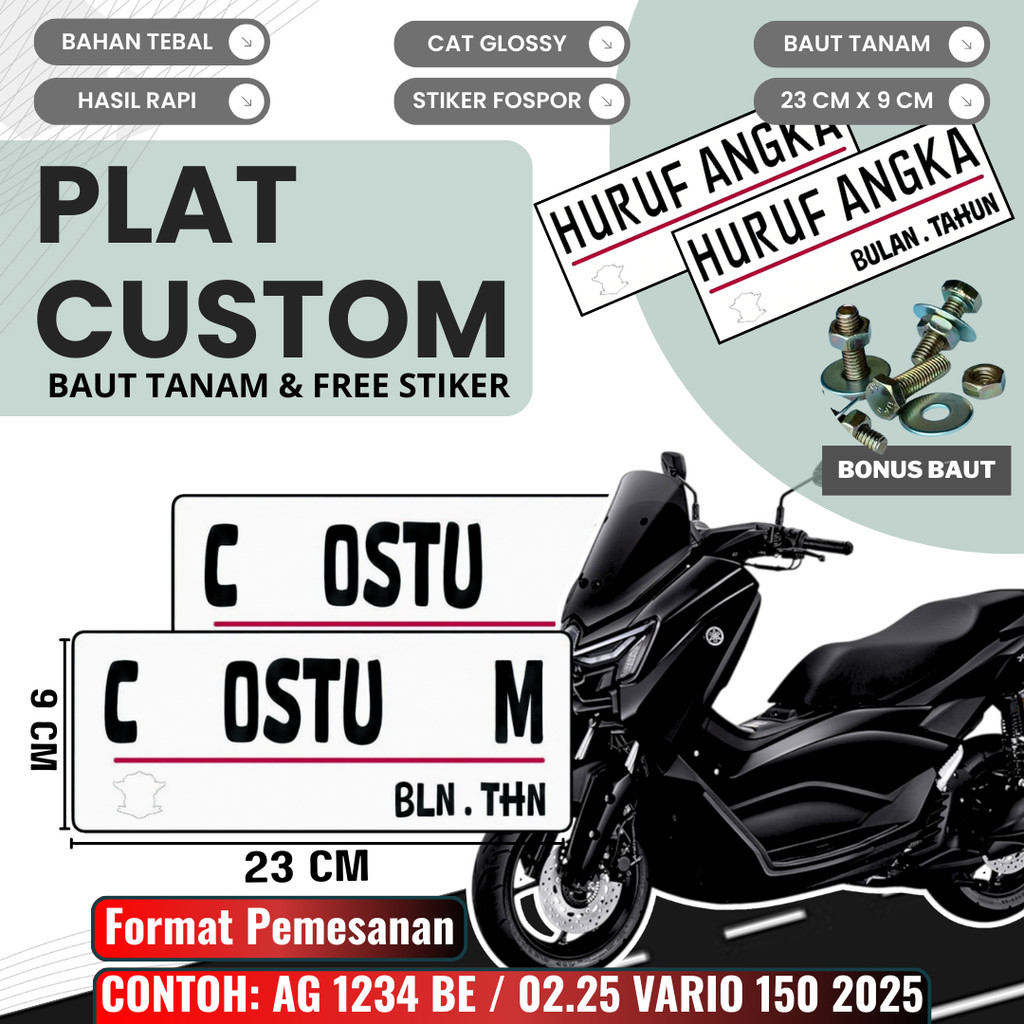 PLAT CUSTOM WARNA PUTIH PLAT CUSTOM SATU PASANG WARNA PUTIH PLAT CUSTOM BAUT TANAM