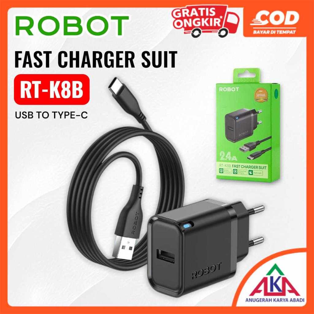 ROBOT Kepala Charger / Travel Adapter RT-K8B Cas HP Handphone 5V 2.4A 12W Single Port Kabel USB To T