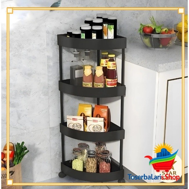 Rak Sudut Plastik 4 Susun / Rak Siku Dapur Kamar Mandi Serbaguna dengan Roda / Rak Sudut Dapur Plast