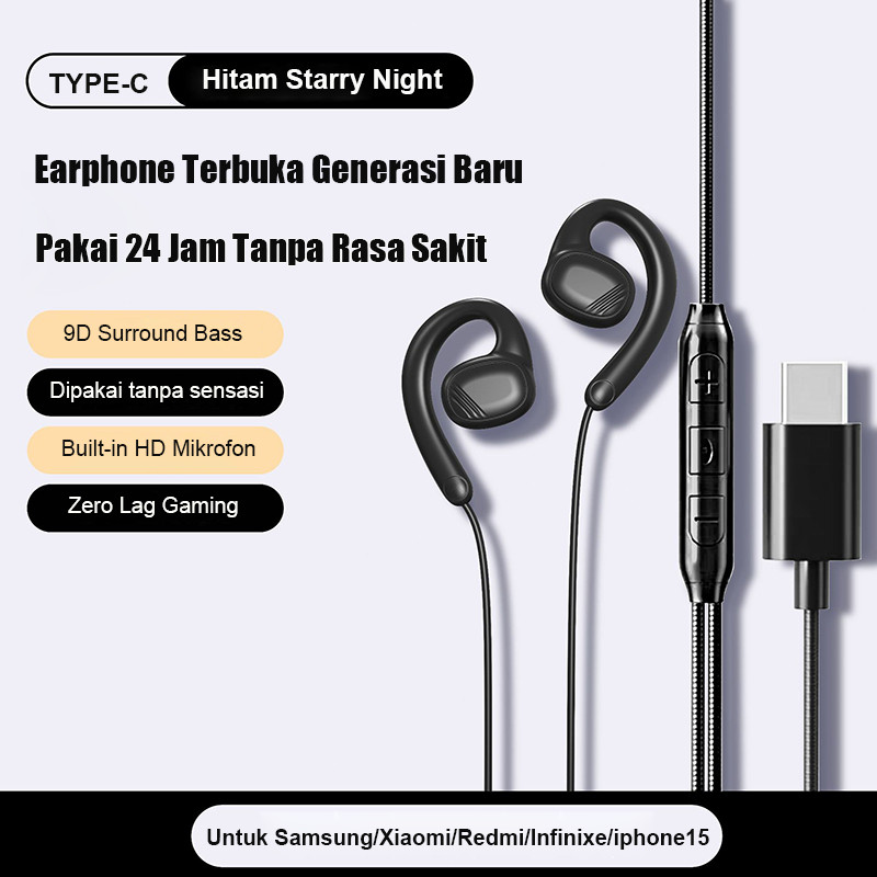 Headset Gaming Type C OWS Hitam 0 Delay Super Bass Nendang Mic Jernih Earphone Kabel Braided Kuat An