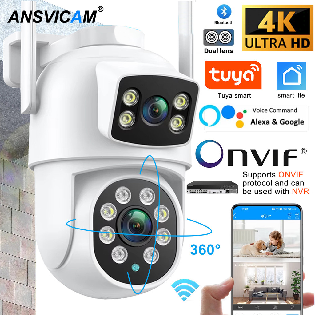 ANSVICAM Tuya Wifi IP Camera 8K with Alexa Google Onvif NVR Dual Lens Camera PTZ Outdoor 4K Dual Scr