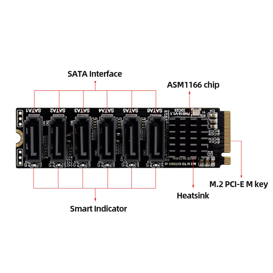 NVME to 6 SATA Expansion Card M.2 to SATA Adapter M2 Connector Internal SSD SATA3 Port Multiplier NG