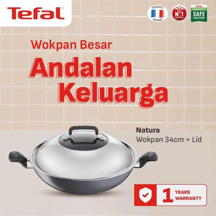 MASAKIN Tefal Wajan Kuali Penggorengan Anti Lengket Natura Wokpan 34cm + Tutup